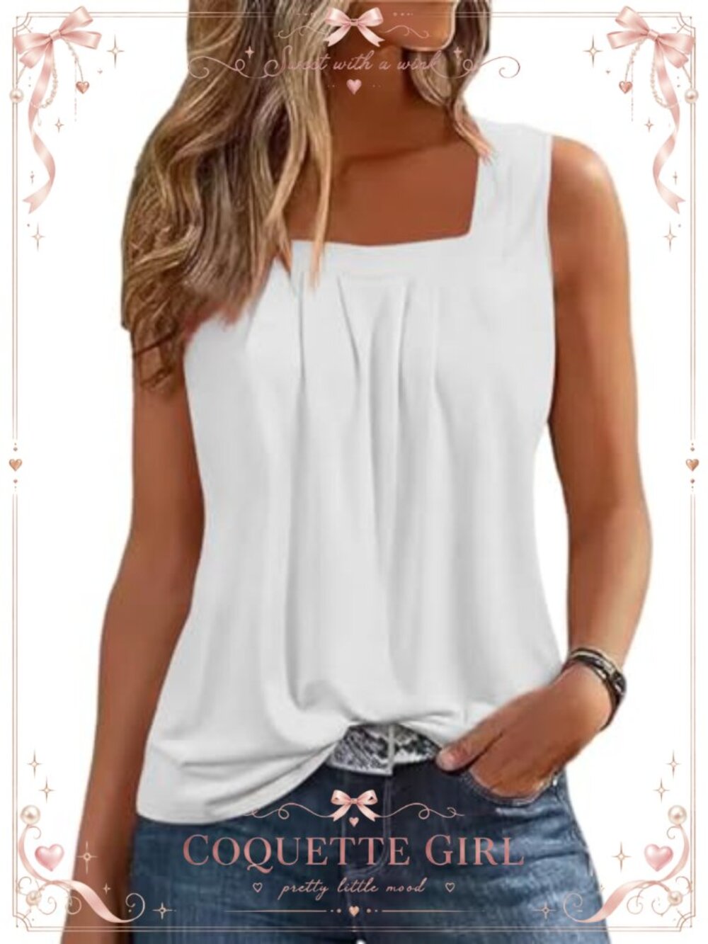 Pleated Square Neck Tank Top Loose Fit Sleeveless Flowy Summer Shirt
